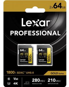 Lexar Professional 64GB 1800x SDXC 270MB/s UHS-II Gold SD Memory Card: 2 Pack